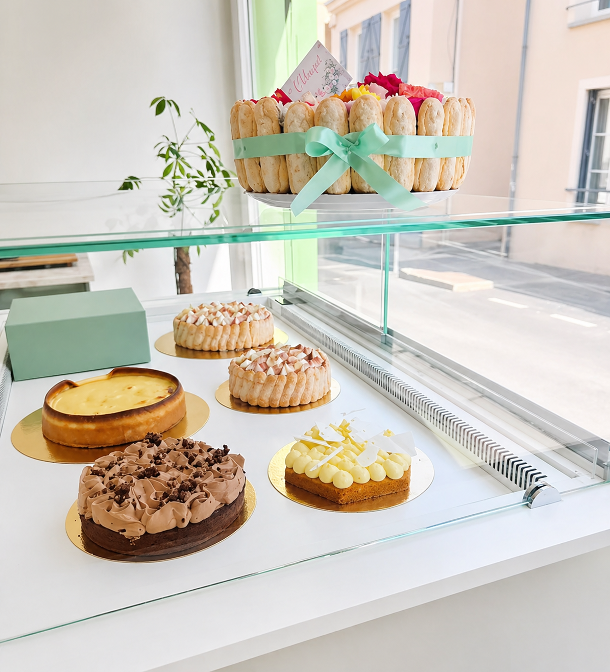 Vitrine de la pâtisserie L'Idéange à Houdan — pièces individuelles